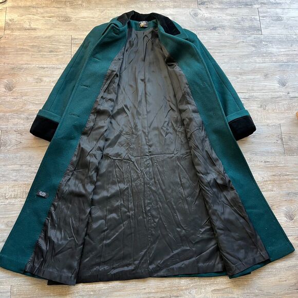 Vintage Wool Trench Coat Women's Large Green Velvet Black Neck Buttons 80s 90s - Picture 3 of 11